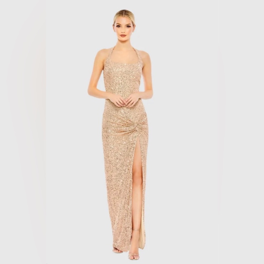 Mac Duggal Sz 6 Rose Gold Sequined Halter Strap Side Slit Evening Gown